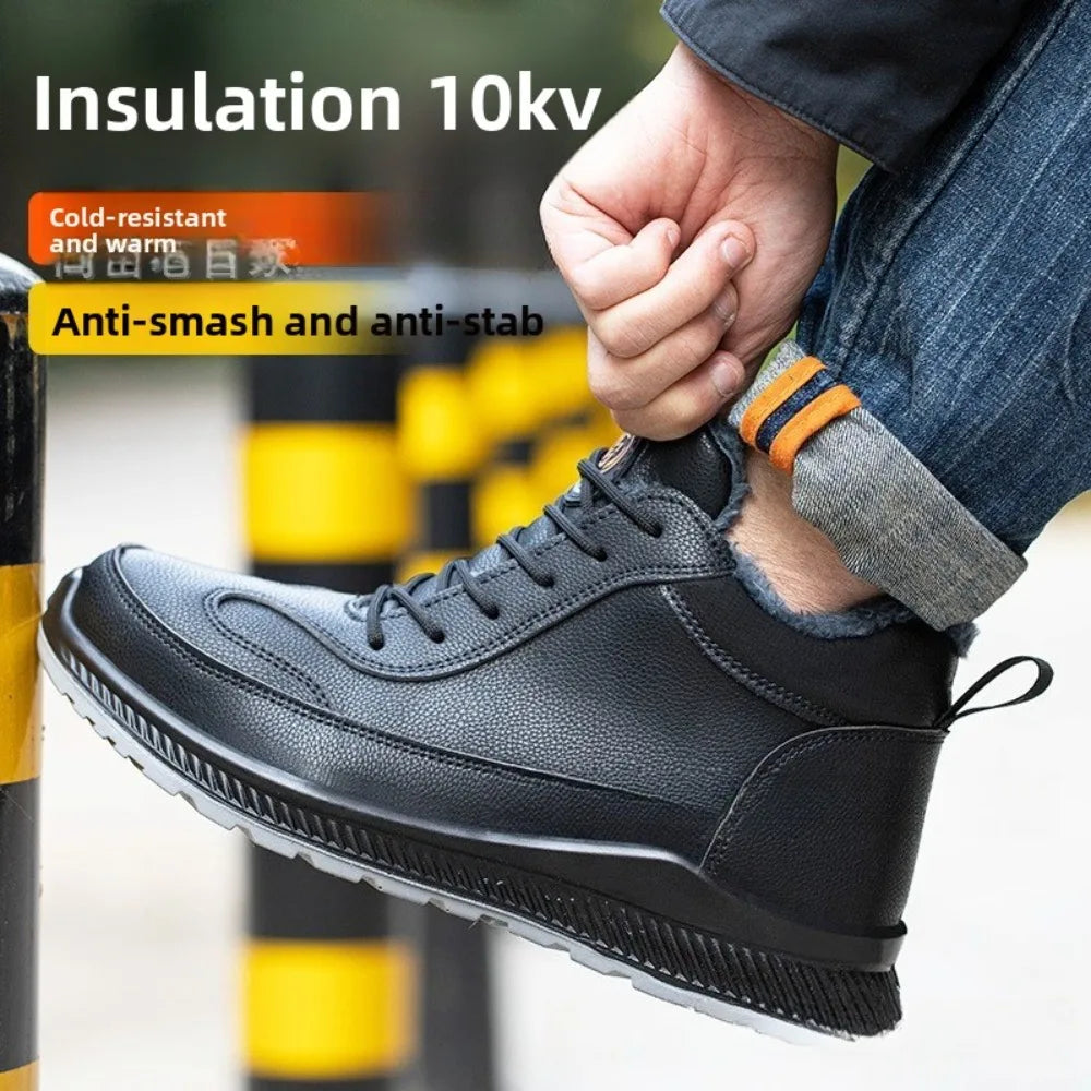 Calzado de seguridad de felpa para trabajos de invierno, resistente a impactos y perforaciones, fabricado en piel sintética de microfibra y algodón.