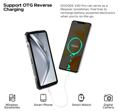 Teléfono robusto DOOGEE V40 Pro 5G versión global, pantalla de 6,78", 16 GB + 512 GB, dimensiones 7300, cámara con IA de 200 MP, 8680 mAh, cargador rápido de 33 W.