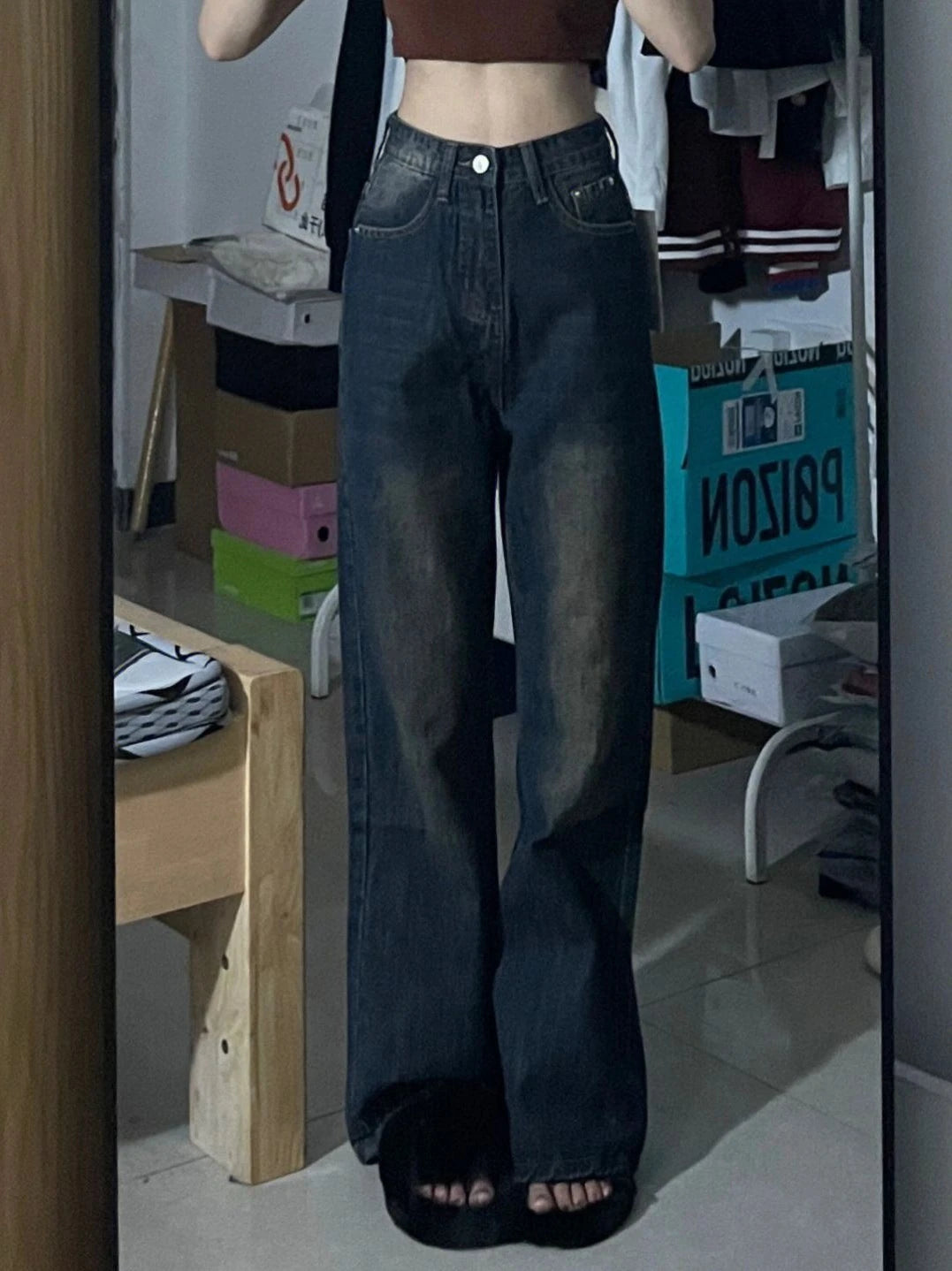 Pantalones vaqueros acampanados de pierna ancha y descoloridos estilo retro para mujer, nuevos de 2025, de cintura alta, holgados y adelgazantes, hasta el suelo.