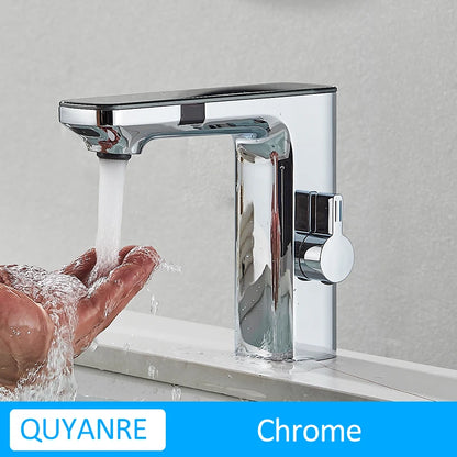 Grifo de lavabo inteligente con sensor, color gris plomo, pantalla digital, mezclador de agua fría y caliente, grifo sin contacto para lavabo de baño