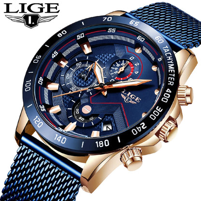 LIGE - Reloj de cuarzo de lujo para hombre, marca superior, moderno, de negocios, con correa de malla, resistente al agua, luminoso, cronógrafo