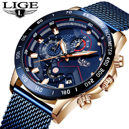 LIGE - Reloj de cuarzo de lujo para hombre, marca superior, moderno, de negocios, con correa de malla, resistente al agua, luminoso, cronógrafo