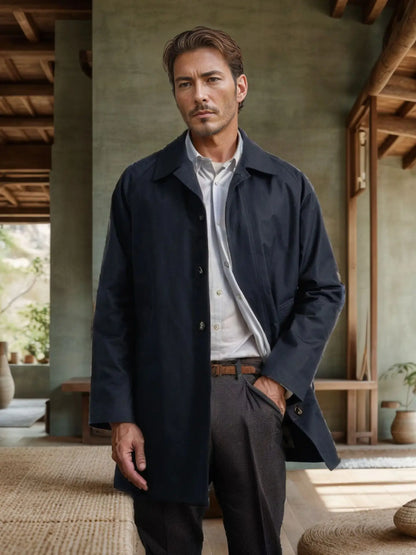 Chaqueta informal para hombre, otoño 2024, gabardina larga, color liso, solapa, corte ajustado, cárdigan de un solo botón, estilo casual y elegante.