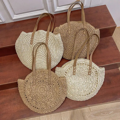Bolsos de paja redondos de verano para mujer, bolso de hombro de ratán, bolso de playa tejido a mano para viaje, bolso de mano femenino de gran capacidad