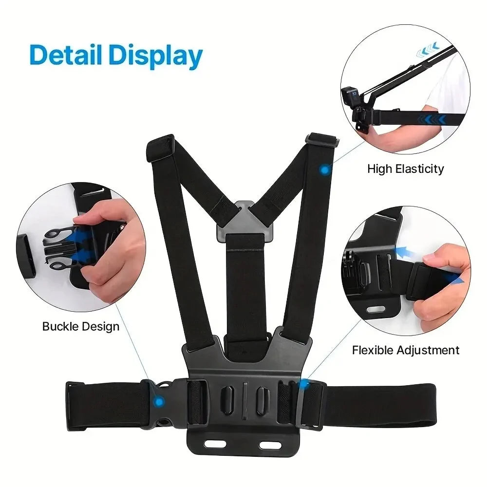 Kit de cámara de acción todo en uno de 6 piezas con correa para la cabeza y correa para el pecho, ajustable para GoPro, teléfono, Osmo, estabilidad mejorada y versatilidad.