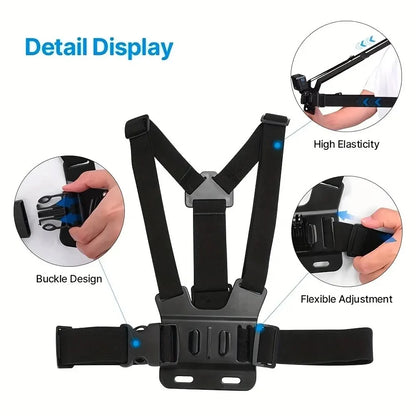 Kit de cámara de acción todo en uno de 6 piezas con correa para la cabeza y correa para el pecho, ajustable para GoPro, teléfono, Osmo, estabilidad mejorada y versatilidad.