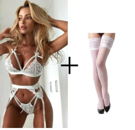 Conjunto de lencería sexy para mujer, sujetador de malla transparente de encaje, tangas con aros, ropa interior erótica íntima, babydolls.