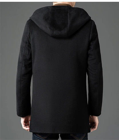 Abrigo largo de lana para hombre COMXZ, colección invierno 2025, gabardina de cachemir de diseño, chaqueta con capucha y forro de plumón de pato blanco, abrigo de lana de lujo