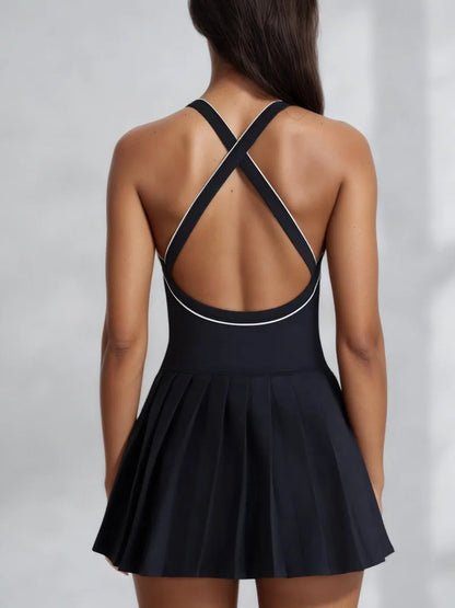 Vestido de yoga de una pieza para mujer con almohadillas para el pecho, falda plisada con bloques de color, alta elasticidad, secado rápido, antiexposición, falda de tenis y golf.