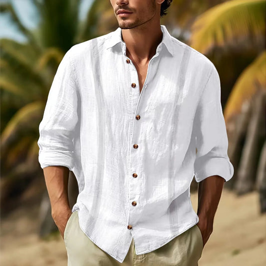Camisa informal de algodón y cáñamo Cuba Guayabella de color sólido con solapa de manga larga y doble cinta para hombre, primavera y otoño de 2024