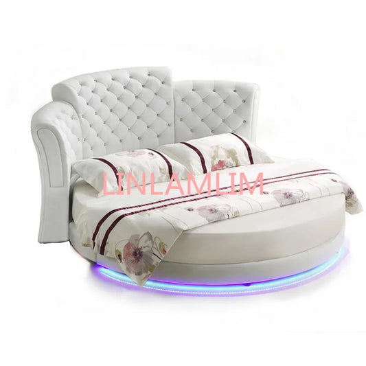 Marco de cama inteligente, camas para dormitorio, camas iluminadas, muebles de dormitorio, luz LED redonda de cuero genuino