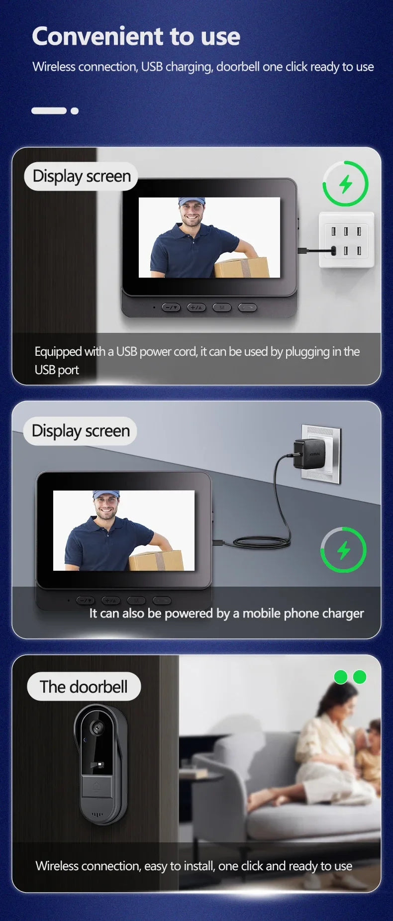 Timbre con videoportero inalámbrico, visión nocturna HD, pantalla IPS de 4,3 pulgadas, resistente al agua, cámara de timbre con vídeo para seguridad inteligente del hogar.