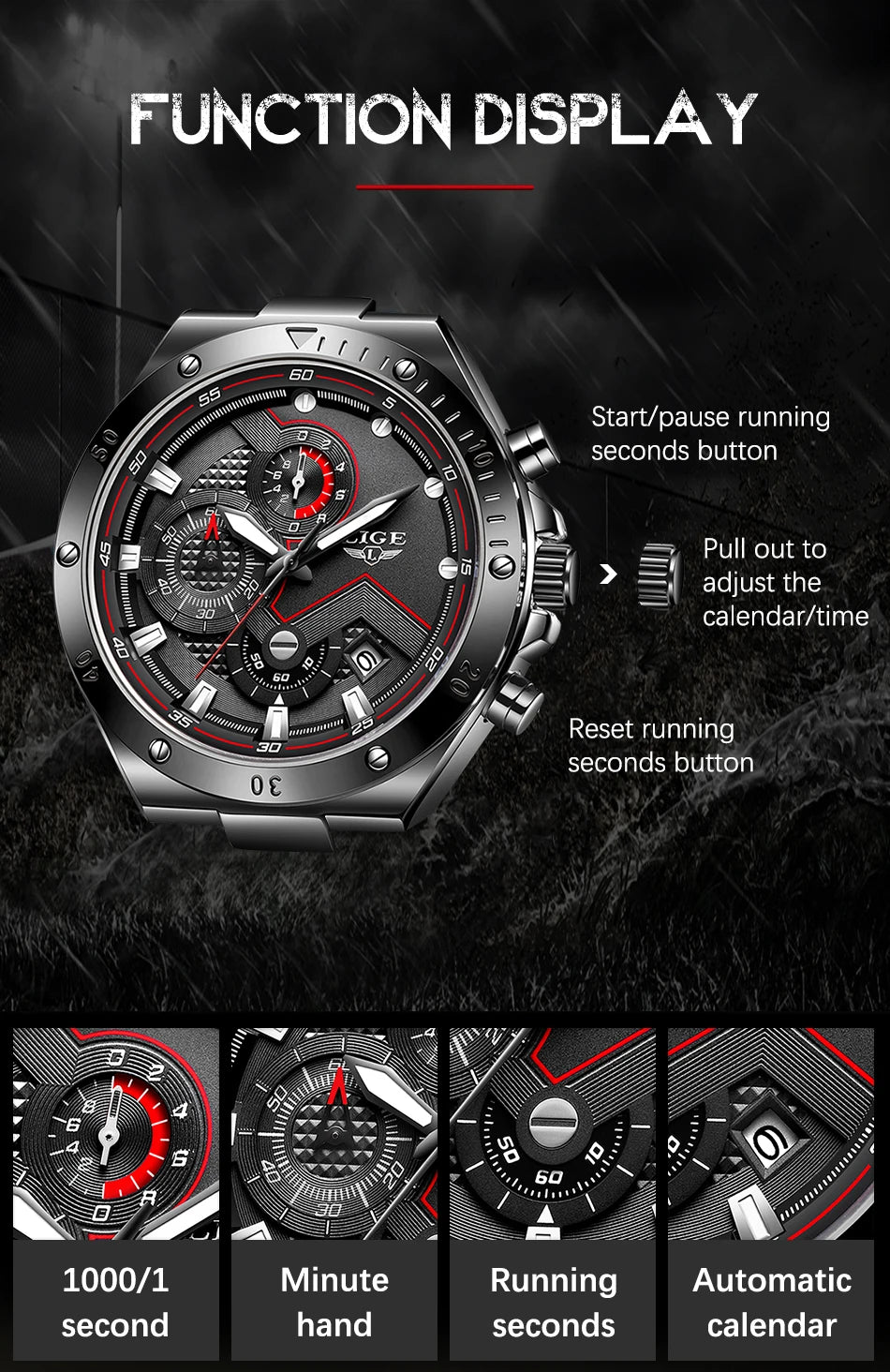 LIGE - Reloj de cuarzo de lujo para hombre, marca superior, moderno, de negocios, con correa de malla, resistente al agua, luminoso, cronógrafo