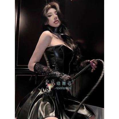 PU Leather Top and Skirt Set Vestido Strapless Top Shiny Hot Dress Tight Package Hip Queen Uniform Sexy Clubwear Cat Girl Set