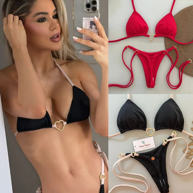 Bikini de dos piezas de color liso con escote halter y tiras, estilo triángulo, con hebilla metálica en forma de corazón. Traje de baño con cordones para mujer.