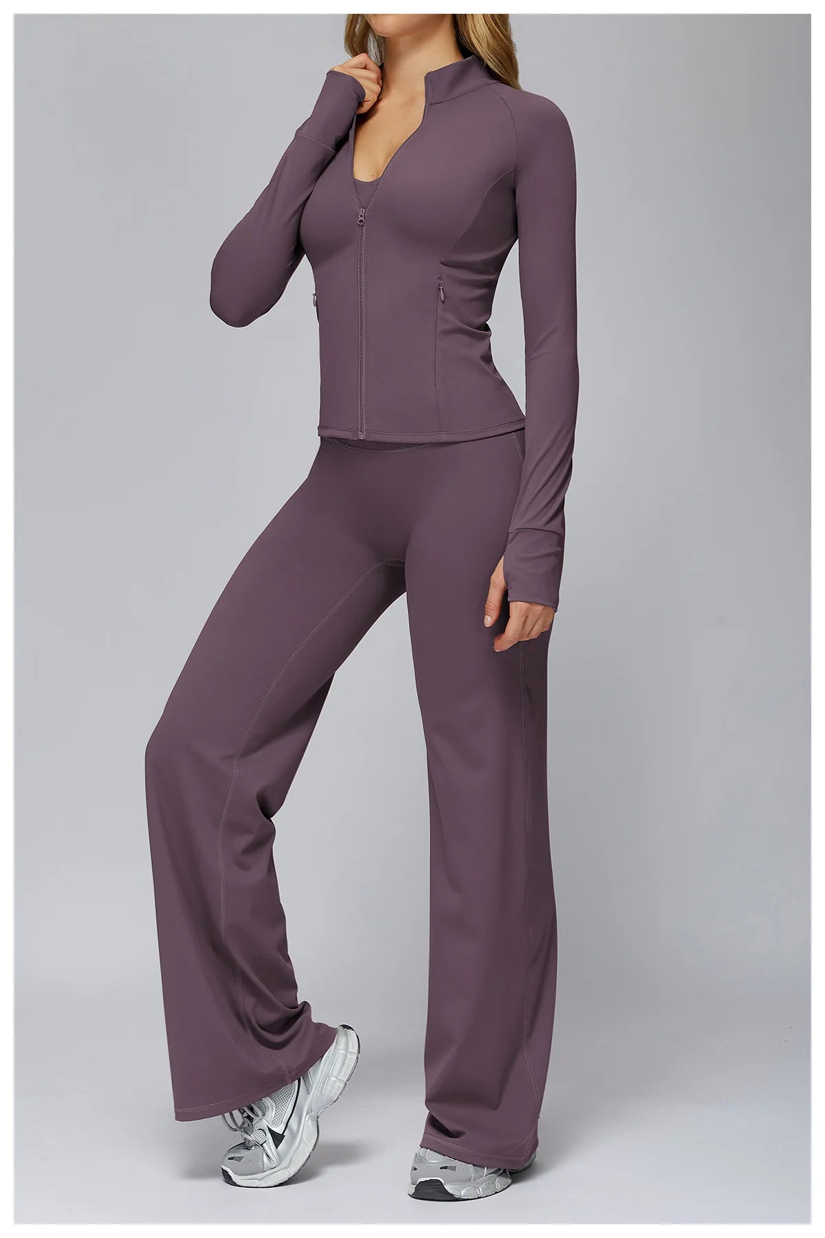 Conjunto deportivo Hearuisavy para mujer, chaqueta deportiva de manga larga con cremallera y bolsillos, ropa exterior ajustada de secado rápido para correr, pantalones de yoga de cintura alta