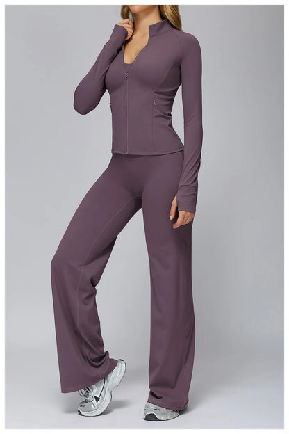 Conjunto deportivo Hearuisavy para mujer, chaqueta deportiva de manga larga con cremallera y bolsillos, ropa exterior ajustada de secado rápido para correr, pantalones de yoga de cintura alta