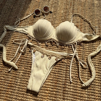 VigoBreviya 2025 Traje de baño de tiras sólidas para mujer Bikini sexy push up brasileño para mujer Traje de baño de playa para mujer Traje de baño de tanga de corte alto atado