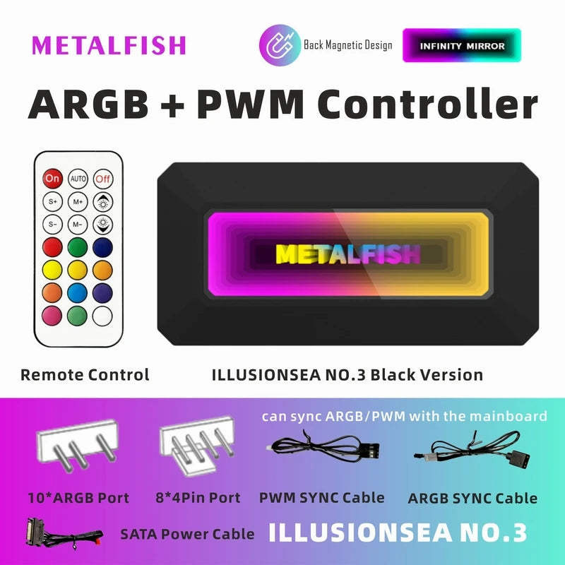 METALFISH Divisor de ventilador ARGB con PWM de 4 pines para refrigeración de ordenador, radiador de CPU SYNC, tira de luces LED de 5 V y 3 pines, mando a distancia