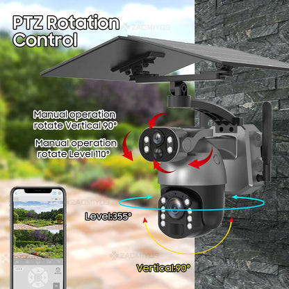 Cámara de seguridad exterior con zoom óptico de 10 MP y 50x, doble lente, SIM 4G, energía solar, Wi-Fi, PTZ, detección humana, grabación y visión nocturna. 10 MP, zoom óptico de 50x, doble lente, 4G, SIM, solar.