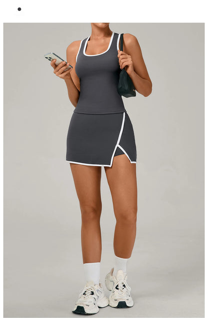 Conjunto de falda de yoga para mujer, conjunto deportivo de tenis, camiseta sin mangas deportiva de secado rápido, ropa de yoga de cintura alta antiexposición, ropa deportiva de fitness para yoga
