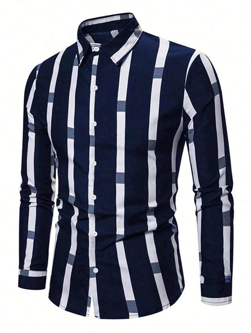 2025 new men's classic striped checkered long sleeved shirt men's classic pink casual fashion shirt top