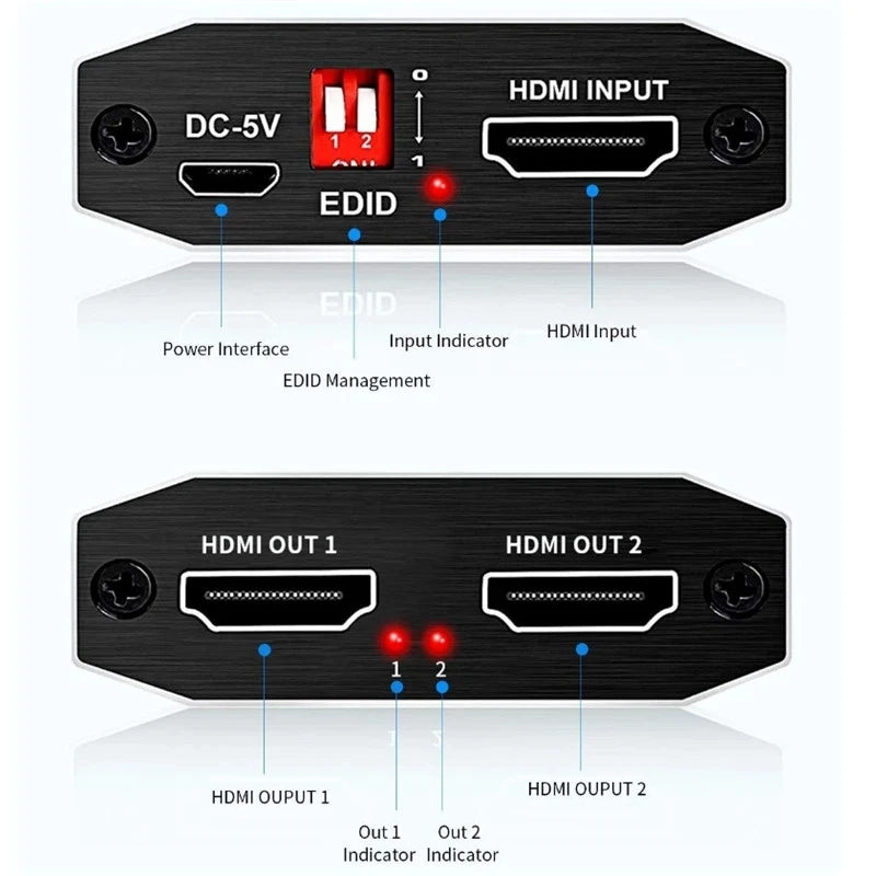 Conecta 1 señal a 2 pantallas HDMI 4K a 60 Hz. Divisor HDMI 1 entrada, 2 salidas con cable HDMI de alta velocidad escalar compatible con HDCP 2.2.