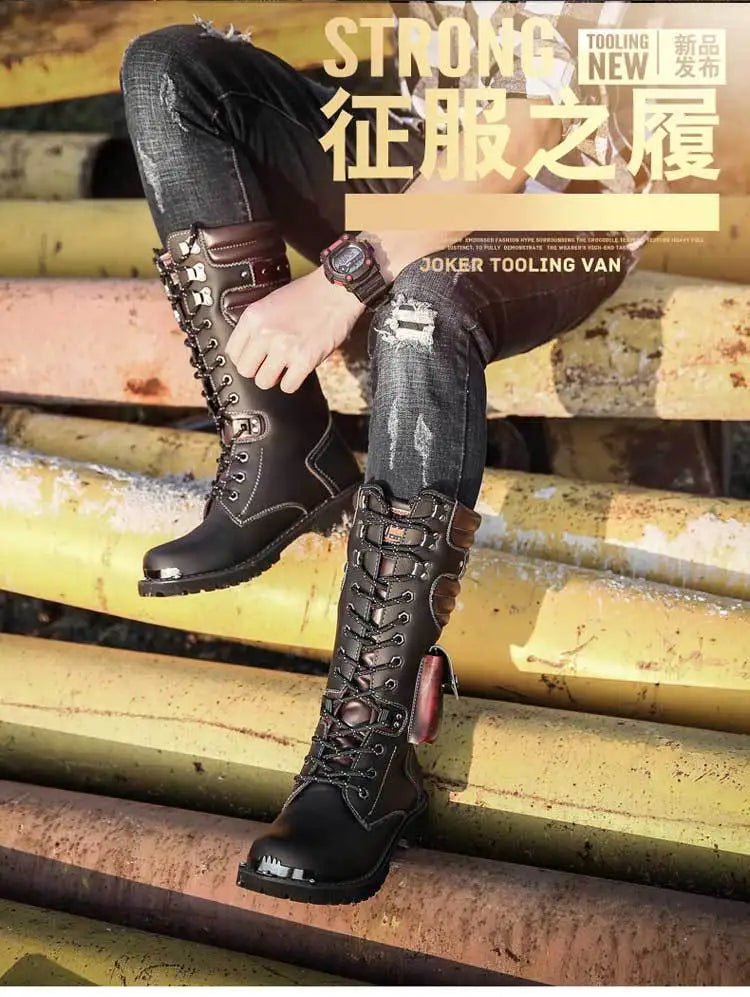 Botas altas de cuero para hombre, estilo motero, de invierno, estilo gótico punk, para hombre, estilo militar informal, para uso exterior.