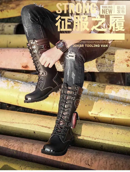 Botas altas de cuero para hombre, estilo motero, de invierno, estilo gótico punk, para hombre, estilo militar informal, para uso exterior.