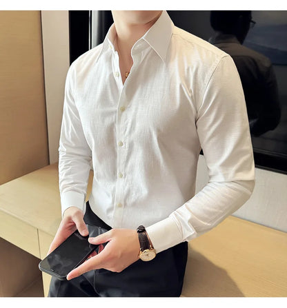 Camisa de hombre de color liso de alta calidad, 55 % algodón y 45 % lino, transpirable y con absorción de sudor, de manga larga. Tallas M-4XL.