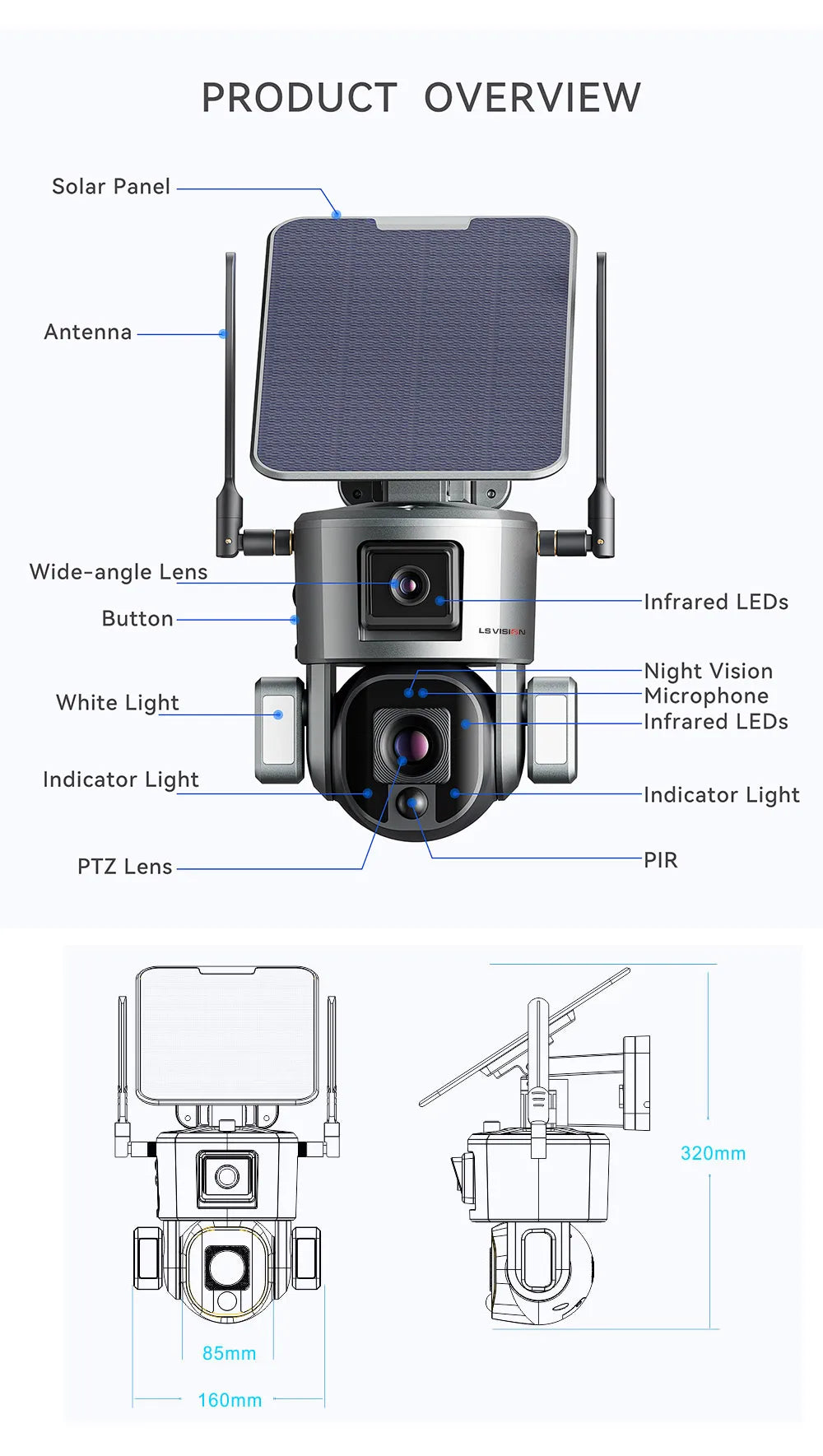 Cámara solar LS VISION 4K de 8 MP para exteriores con doble lente, 4G/WiFi, doble pantalla, zoom óptico 4X/10X, seguimiento humanoide y cámara de seguridad PTZ.