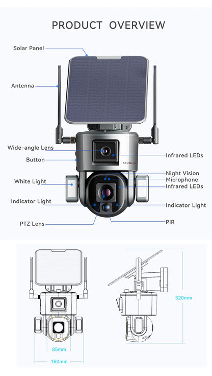 Cámara solar LS VISION 4K de 8 MP para exteriores con doble lente, 4G/WiFi, doble pantalla, zoom óptico 4X/10X, seguimiento humanoide y cámara de seguridad PTZ.