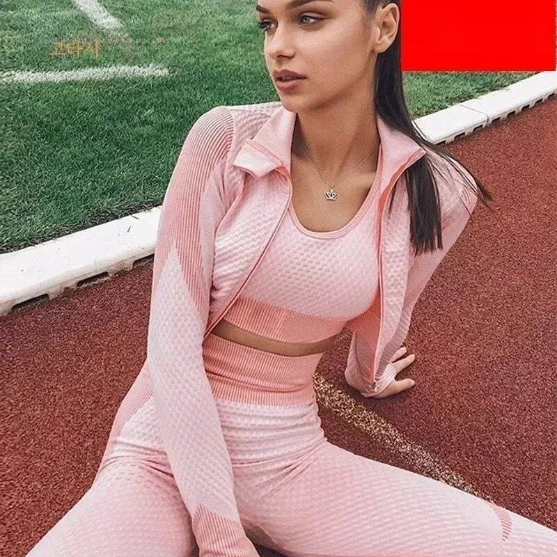Conjunto de 3 piezas de yoga sin costuras, chaleco deportivo de fitness, pantalones de cintura alta que levantan la cadera, ropa de entrenamiento, conjunto de leggings de gimnasio para mujer
