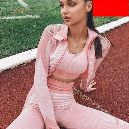 Conjunto de 3 piezas de yoga sin costuras, chaleco deportivo de fitness, pantalones de cintura alta que levantan la cadera, ropa de entrenamiento, conjunto de leggings de gimnasio para mujer