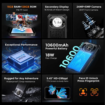 Teléfono inteligente resistente Fossibot F101Pro, 15 GB + 128 GB, Android 13, IP68, resistente al agua, batería de 10600 mAh, NFC, versión global