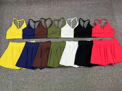 Conjunto de yoga para mujer, sujetador deportivo para exteriores, falda de tenis antiexposición, camiseta sin mangas de yoga transpirable de secado rápido, novedad de 2025