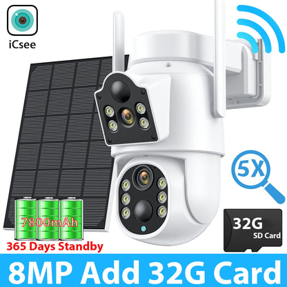 Cámara de seguridad exterior inalámbrica ICSEE de 8 MP, 4K, Wi-Fi, doble lente, 8MP, 4K, solar, con batería de 7800 mAh y 365 días de autonomía en espera.