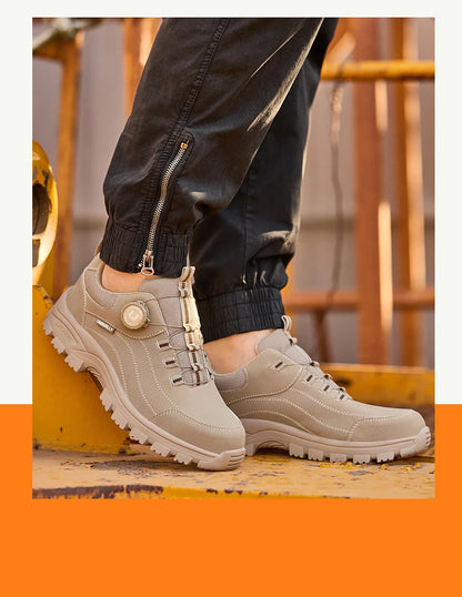 Calzado de seguridad para hombre con diseño de botones, puntera de acero, resistente a la compresión y suela antideslizante para trabajo en exteriores y talleres.