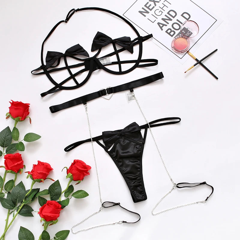 Conjunto de lencería sexy de 3 piezas con sujetador y tanga con lazo para mujer, conjunto de lencería sexy con ligas y perspectiva recortada.