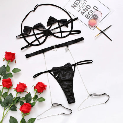 Conjunto de lencería sexy de 3 piezas con sujetador y tanga con lazo para mujer, conjunto de lencería sexy con ligas y perspectiva recortada.