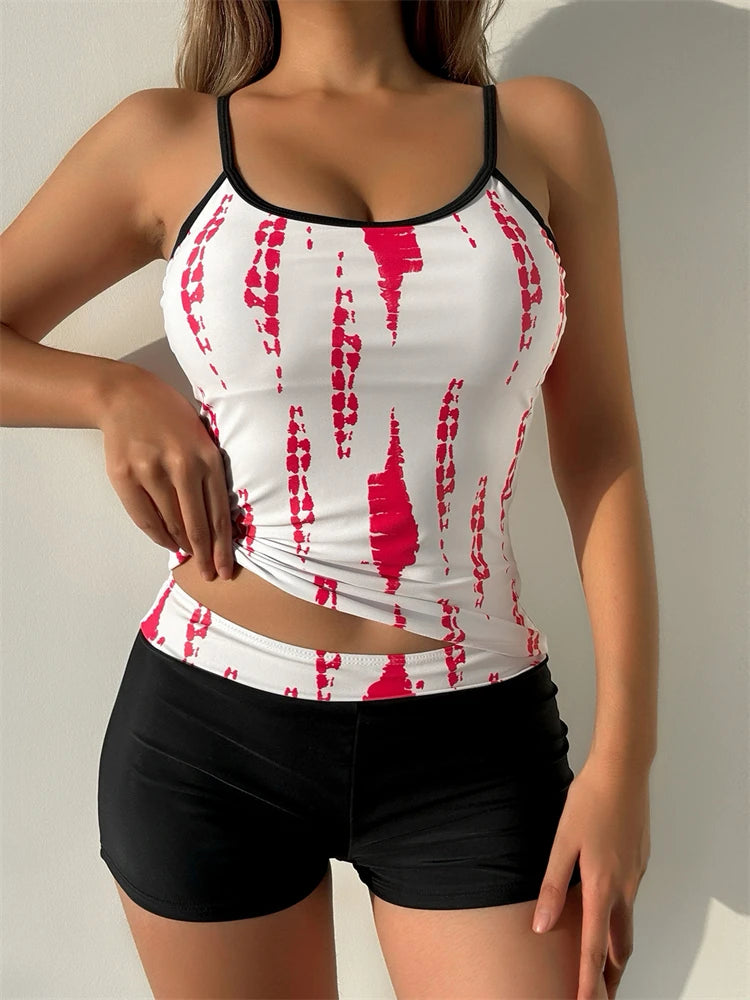 Traje de baño de dos piezas para mujer 2025, nuevo traje de baño liso con estampado de tirantes, tankini de verano, pantalones cortos tipo bóxer de cintura alta, traje de baño de playa para mujer