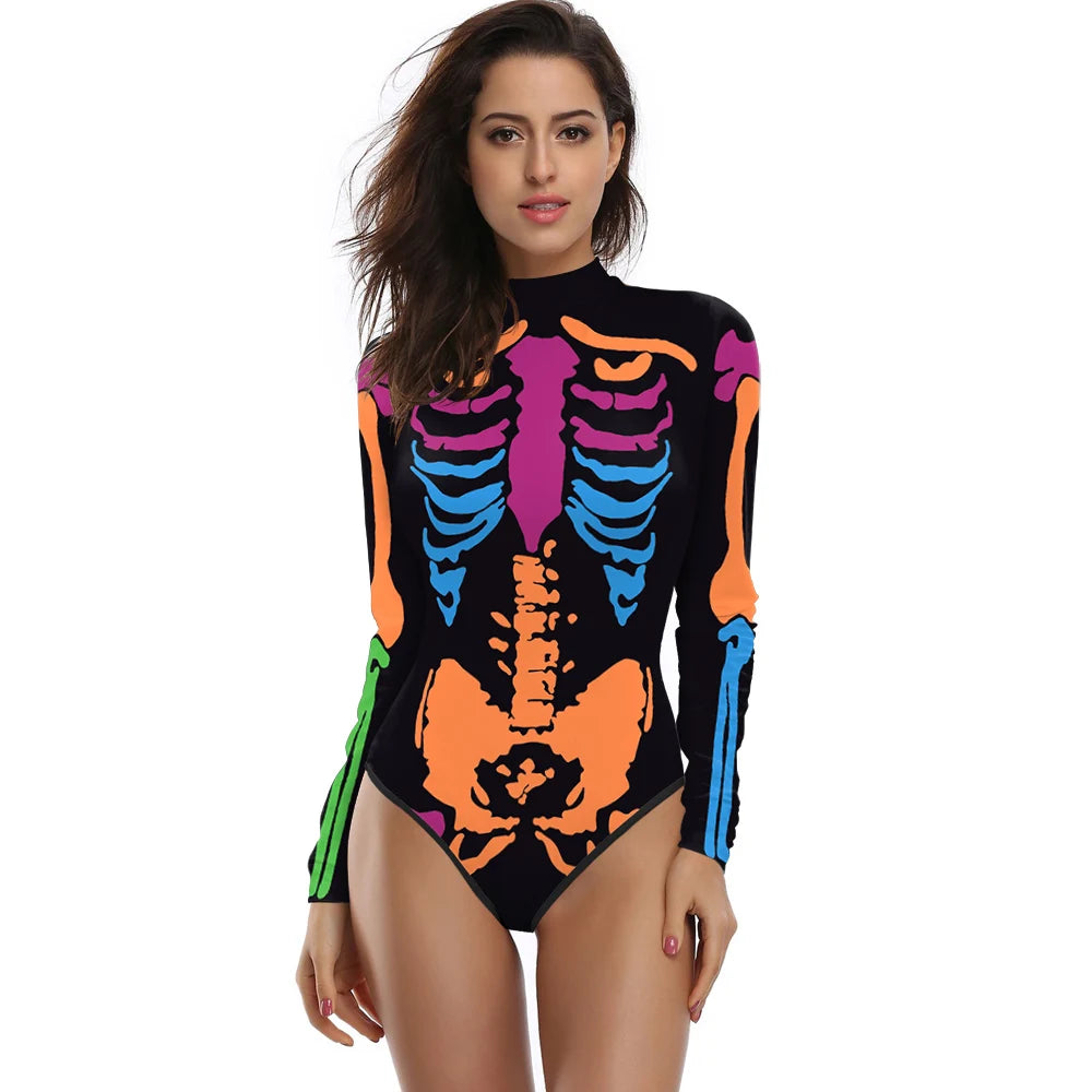 [You're My Secret] Halloween Costume Cosplay Skeleton Print Zenti Bodysuits Carnival Party Jumpsuit Outfit Women Day of The Dead