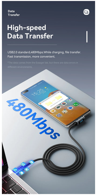 Cable USB C a tipo C Essager PD100W, cable de carga rápida con codo de 90 grados y pantalla para iPhone 15, Huawei, Samsung y MacBook Pro.