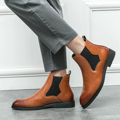 Botas Chelsea para hombre, de PU, lisas, hasta el tobillo, de caña alta, tacón bajo, con banda elástica tallada, botas formales de trabajo para negocios, tallas grandes 38-46
