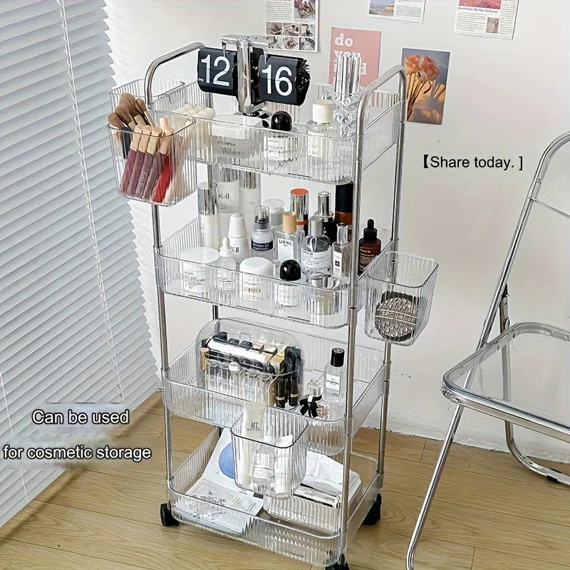 Carrito de almacenamiento transparente de 3 niveles con ruedas: organizador rodante multifuncional para el hogar y la oficina, ideal para el dormitorio y la sala de estar.