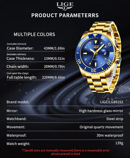 Relojes de moda LIGE para hombre, de lujo, luminosos, con calendario, para negocios, resistentes al agua, cronógrafo, de acero inoxidable, de cuarzo.