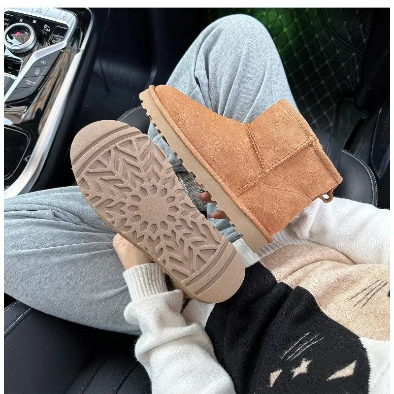 Botas de nieve integradas de piel de oveja y lana para hombres y mujeres, cuero auténtico y piel, botas de invierno gruesas y cálidas para mujer.