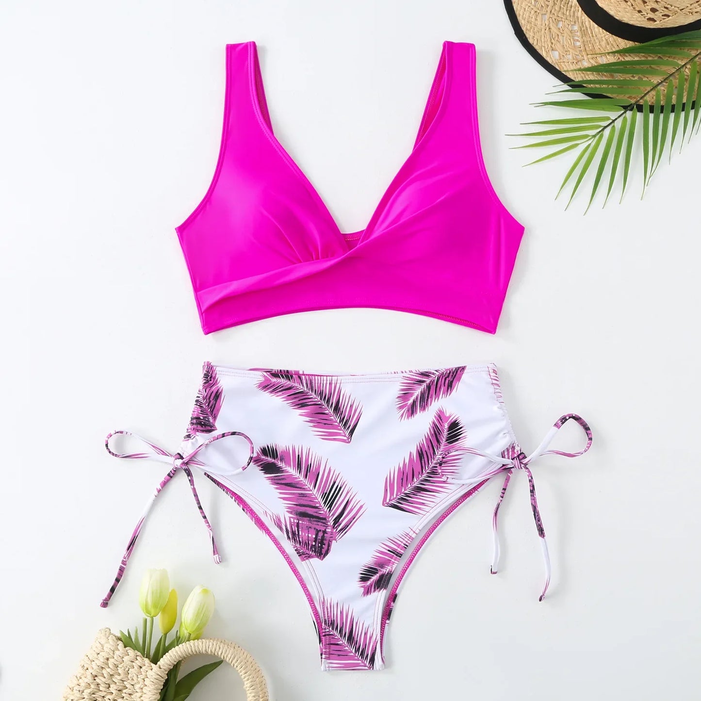 Oferta de temporada: nuevo traje de baño de nailon de color puro, cintura alta, sexy, para mujer, conjunto de bikini de moda, fuente de casa, ajuste cómodo