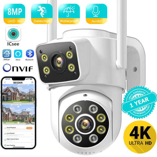 Cámara WiFi de 8 MP, PTZ, doble pantalla, seguimiento automático, visión nocturna, CCTV, cámara de seguridad para exteriores, IP de 4 MP, icsee