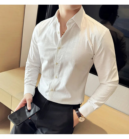 Camisa de hombre de color liso de alta calidad, 55 % algodón y 45 % lino, transpirable y con absorción de sudor, de manga larga. Tallas M-4XL.